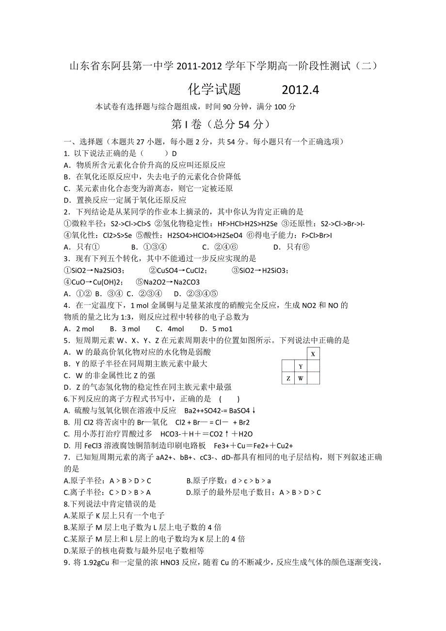 山东省东阿县第一中学11-12学年下学期高一阶段性测试（二）化学试题_第1页