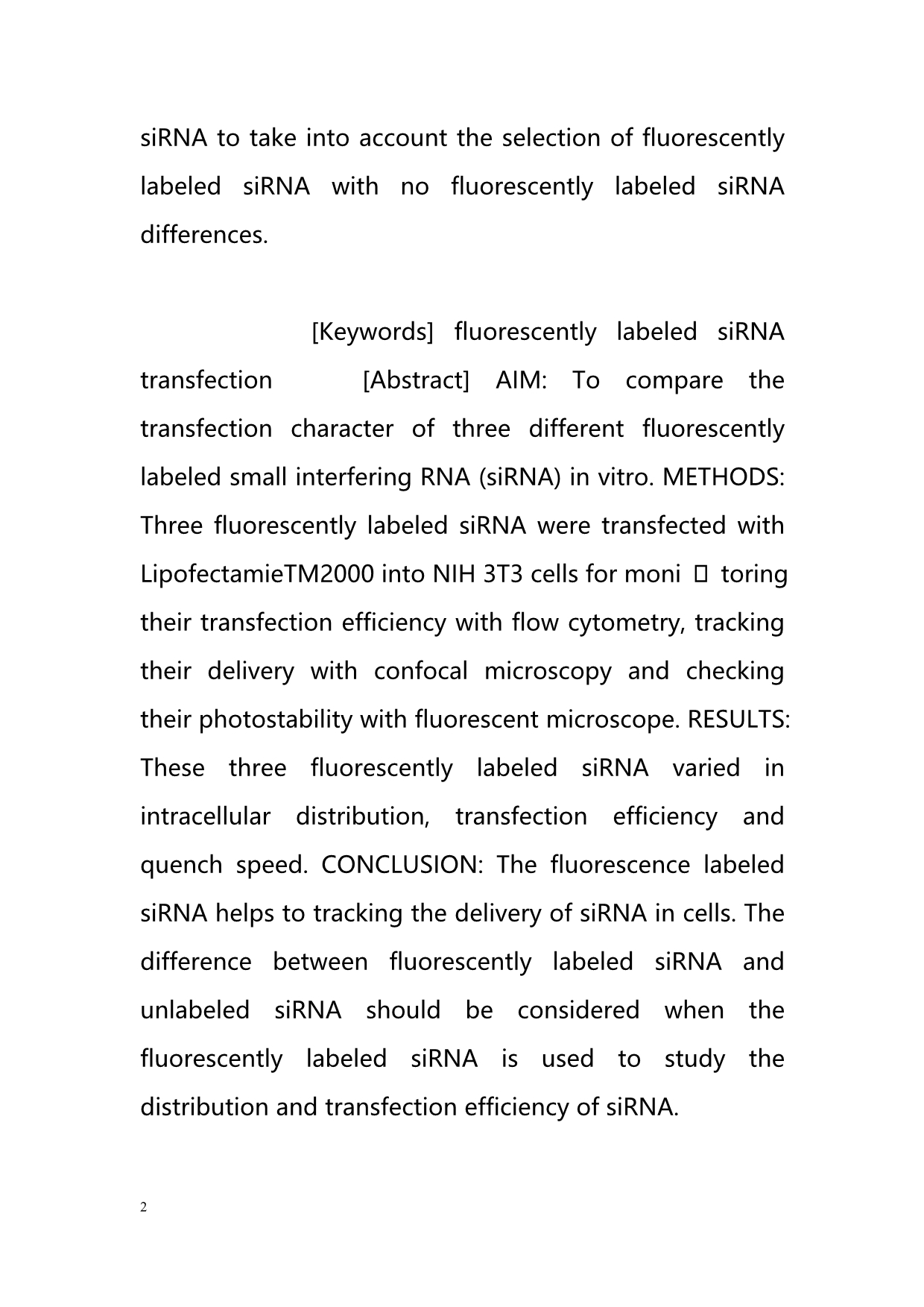 About three fluorescence marker of the short double-stranded RNA in vitro transfection characteristics Comparative（大约三个短的荧光标记双链RNA体外转染特点比较）_第2页