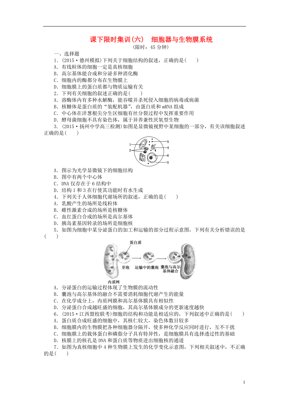 2016届高三生物一轮复习 第二单元 第2讲 细胞器与生物膜系统课下限时集训 新人教版必修1_第1页