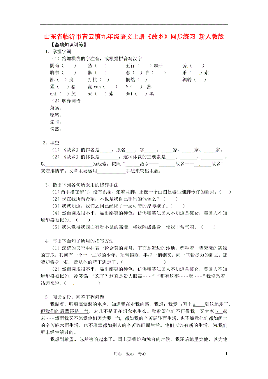 山东省临沂市青云镇九年级语文上册《故乡》同步练习 新人教版_第1页