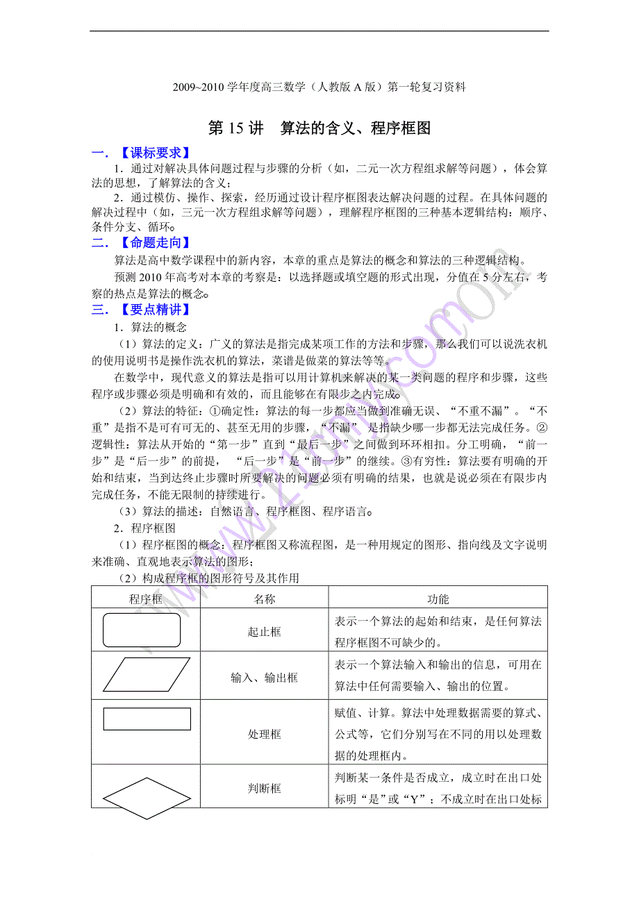 2010届高三数学一轮复习必备精品15：算法的含义、程序框图_第1页