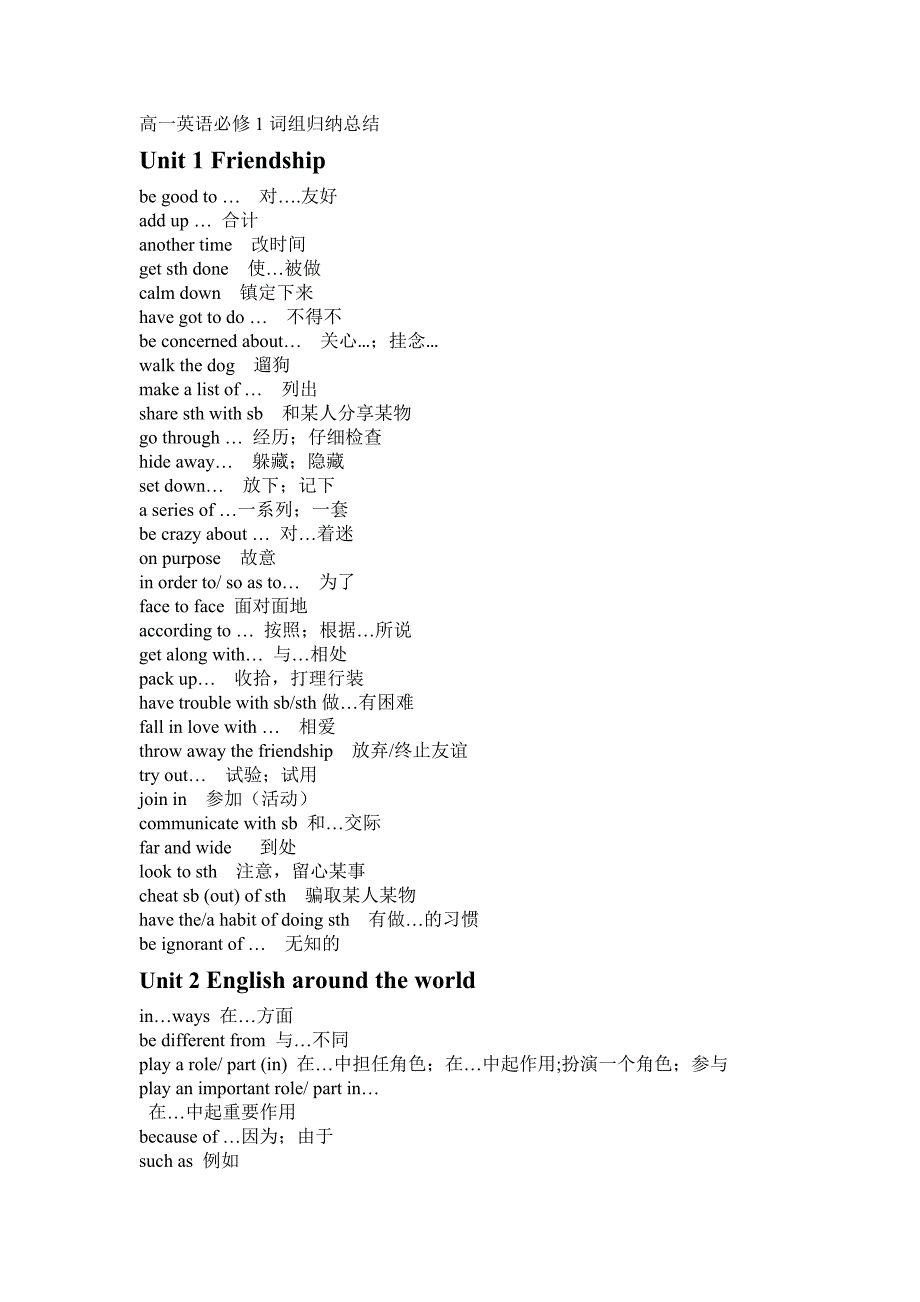 人教版新课标高一英语必修一必修四词组归纳总结_第1页