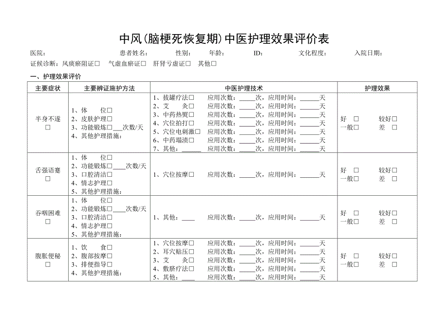 中医护理效果评价表_第1页