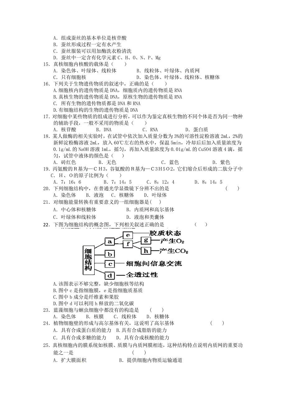 河南省鄢陵县第一高级中学2013-2014学年高一上学期第三次月考生物试题（4-16班） 含答案_第2页