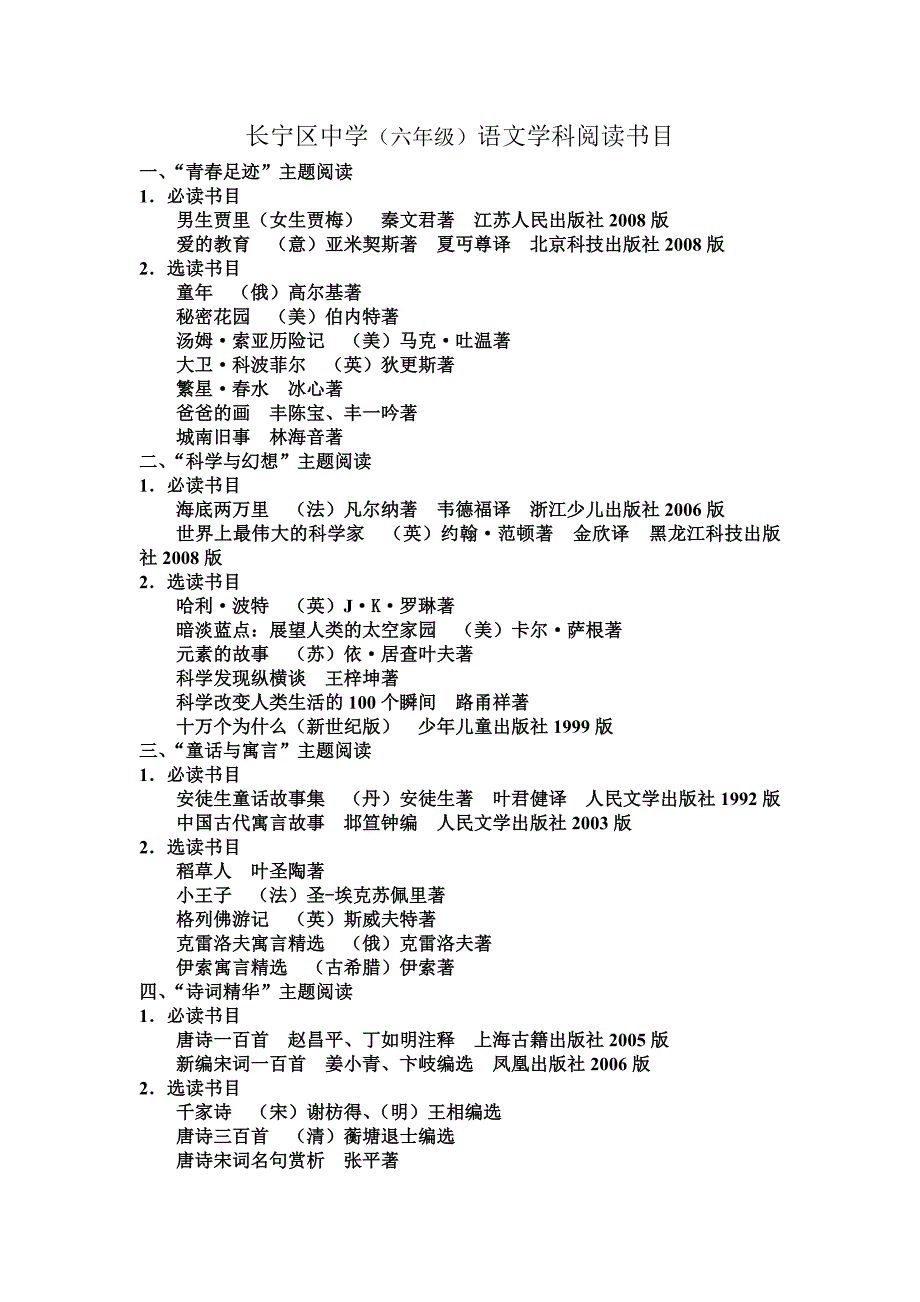 长宁区中学语文学科阅读书目(六年级)_第1页