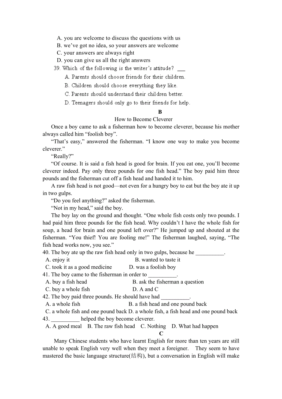 江苏省新沂市第二中学2013-2014学年高一上学期第一次月清检测英语试题无答案_第4页