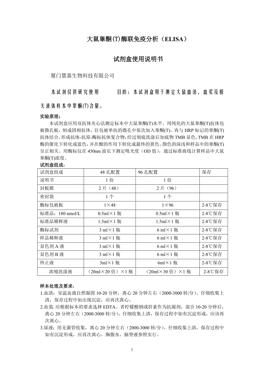 大鼠睾酮(T)ELISA试剂盒说明书_第1页