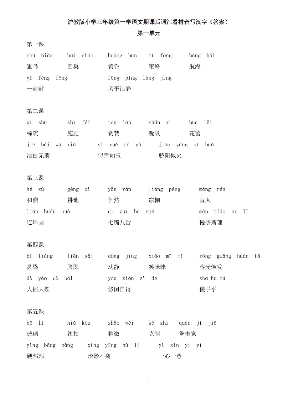 小学语文沪教版课后词汇看拼音写汉字三年级上(答案)_第1页