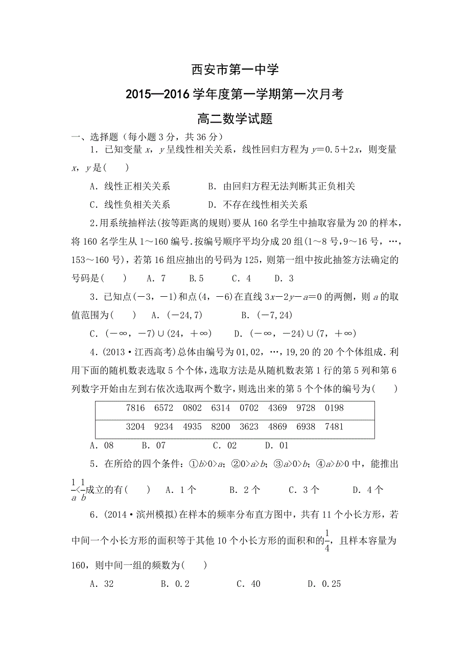 陕西省2015-2016学年高二上学期第一次（10月）月考数学试题 含答案_第1页