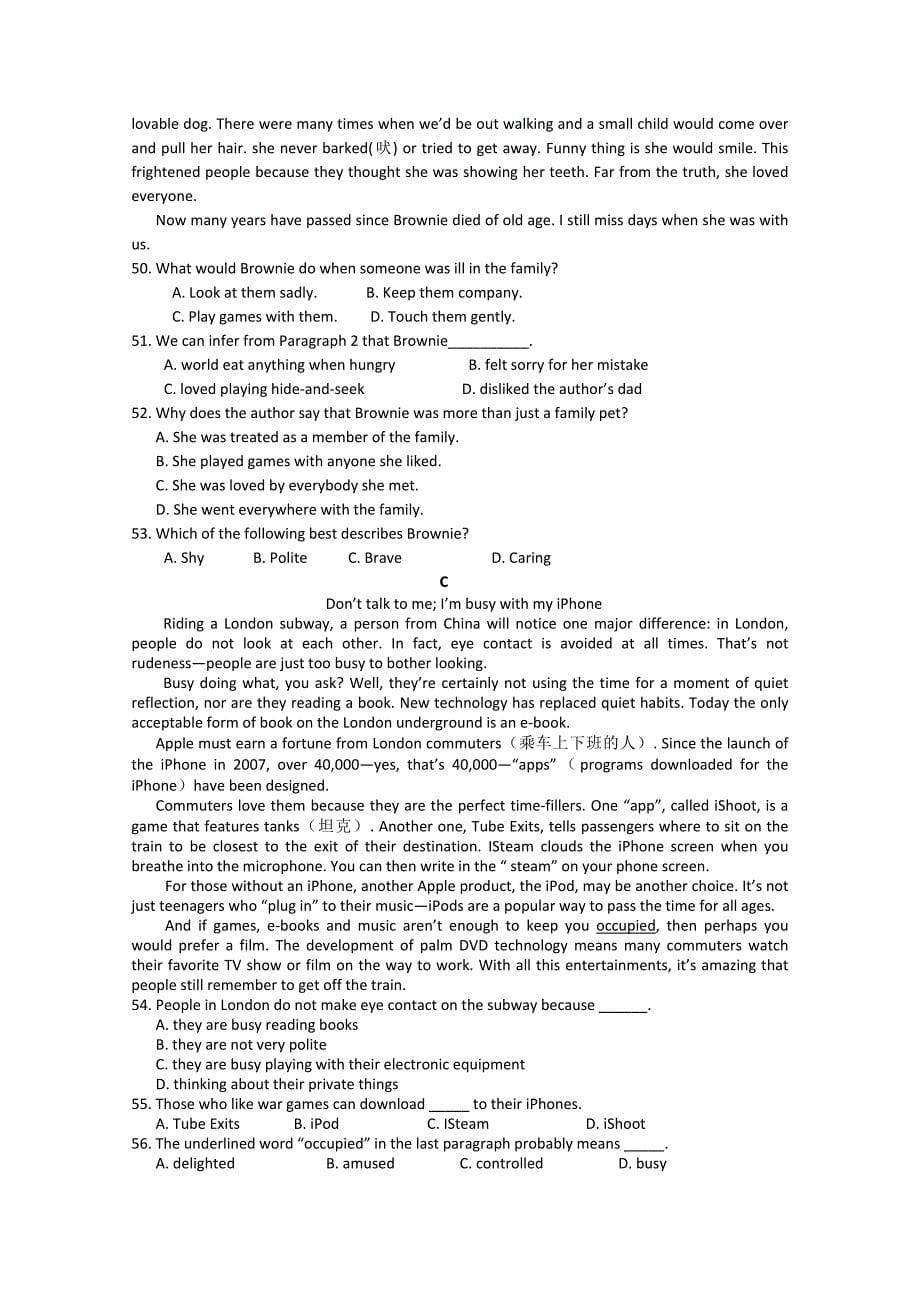 陕西省2015届高三上学期期中考试英语试题（A卷）含答案_第5页