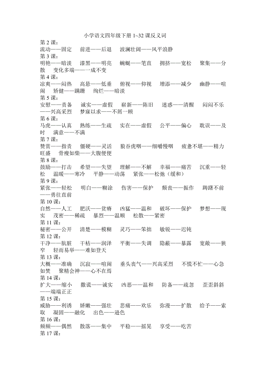 四年级下册反义词(按单元整理)_第1页