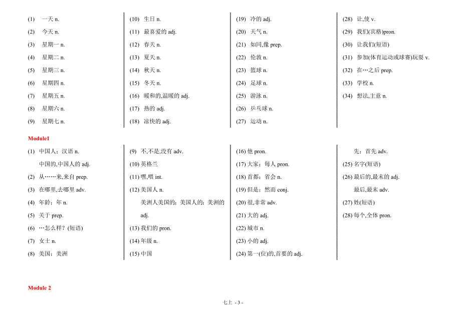 外研版英语天津七年级单词默写表(中文词性)_第3页