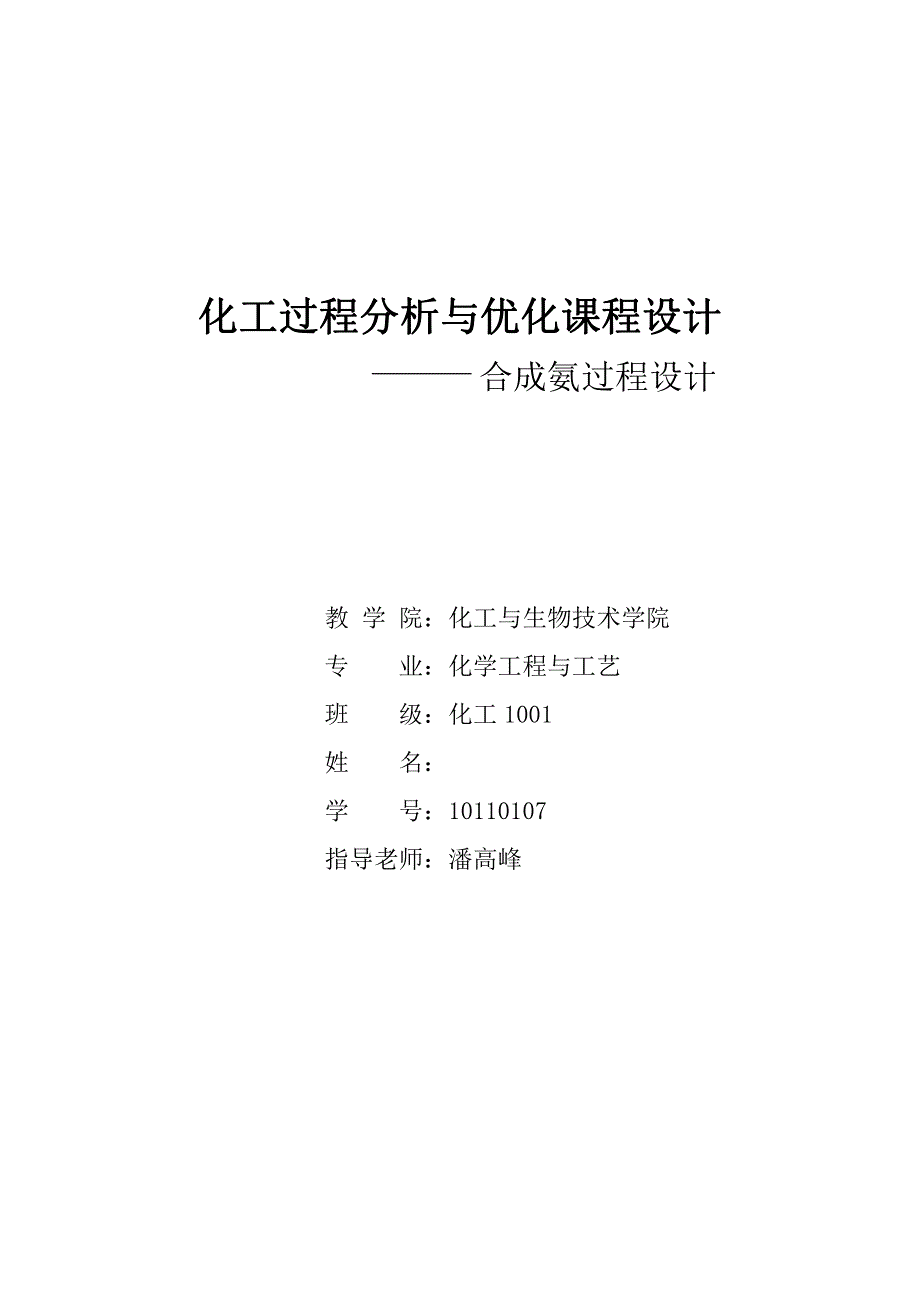 化工过程分析与优化课程设计-_合成氨过程设计_第1页