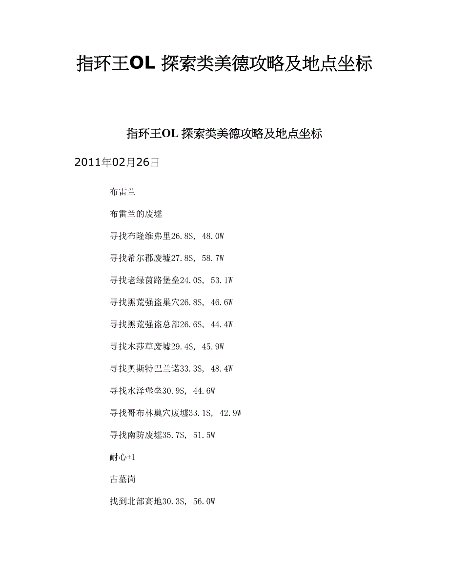 指环王OL 探索类美德攻略及地点坐标_第1页
