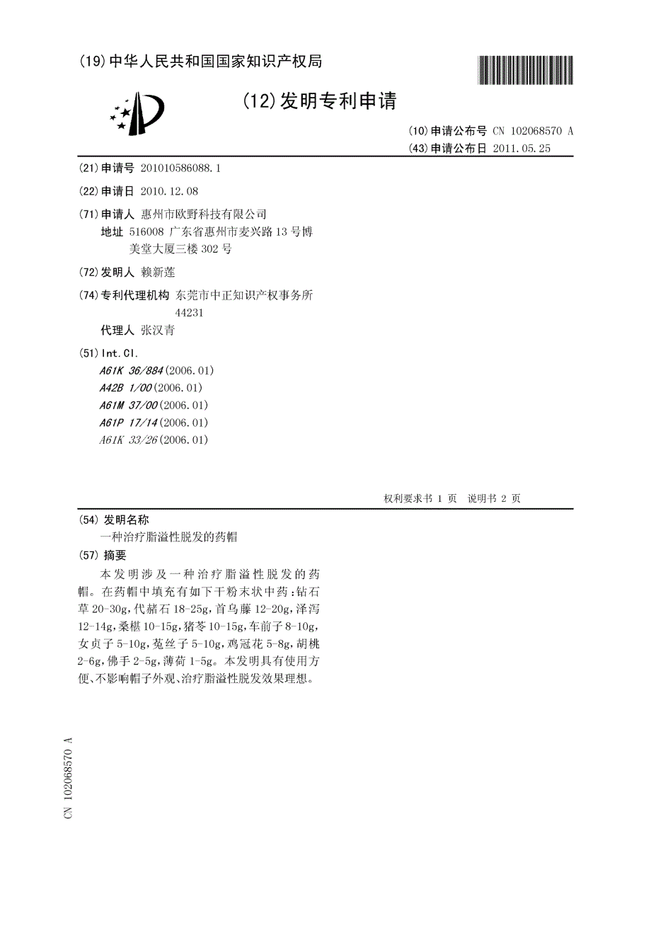 CN201010586088.1-一种治疗脂溢性脱发的药帽_第1页