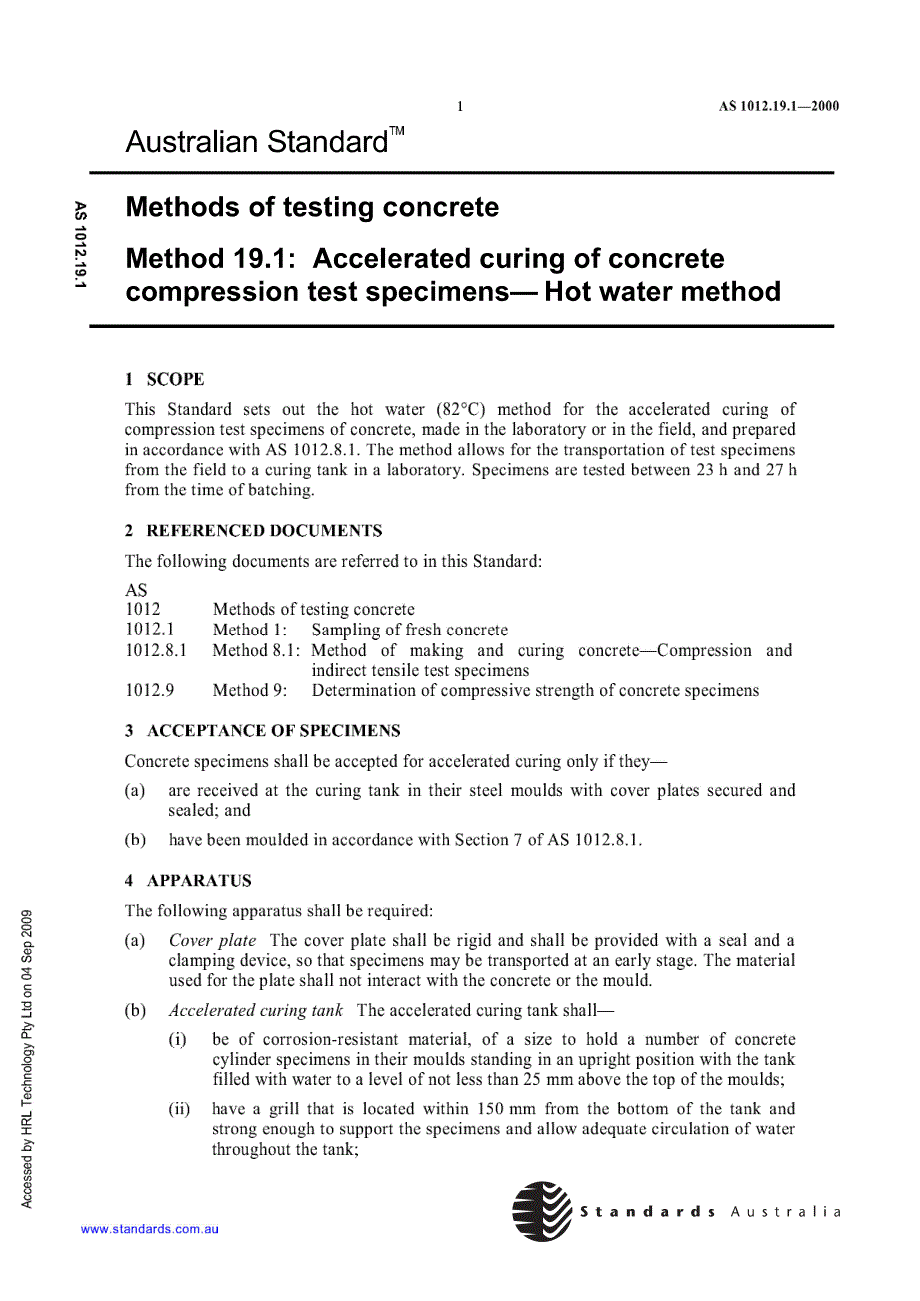 AS 1012.19.1-2000 混凝土试验方法 第19.1部分：压强检测的混凝土试块的加速养护 热水法_第1页