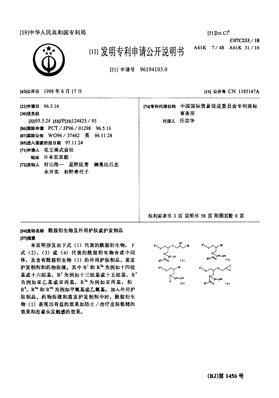 CN96194103.0-酰胺衍生物及外用护肤或护发制品_第1页