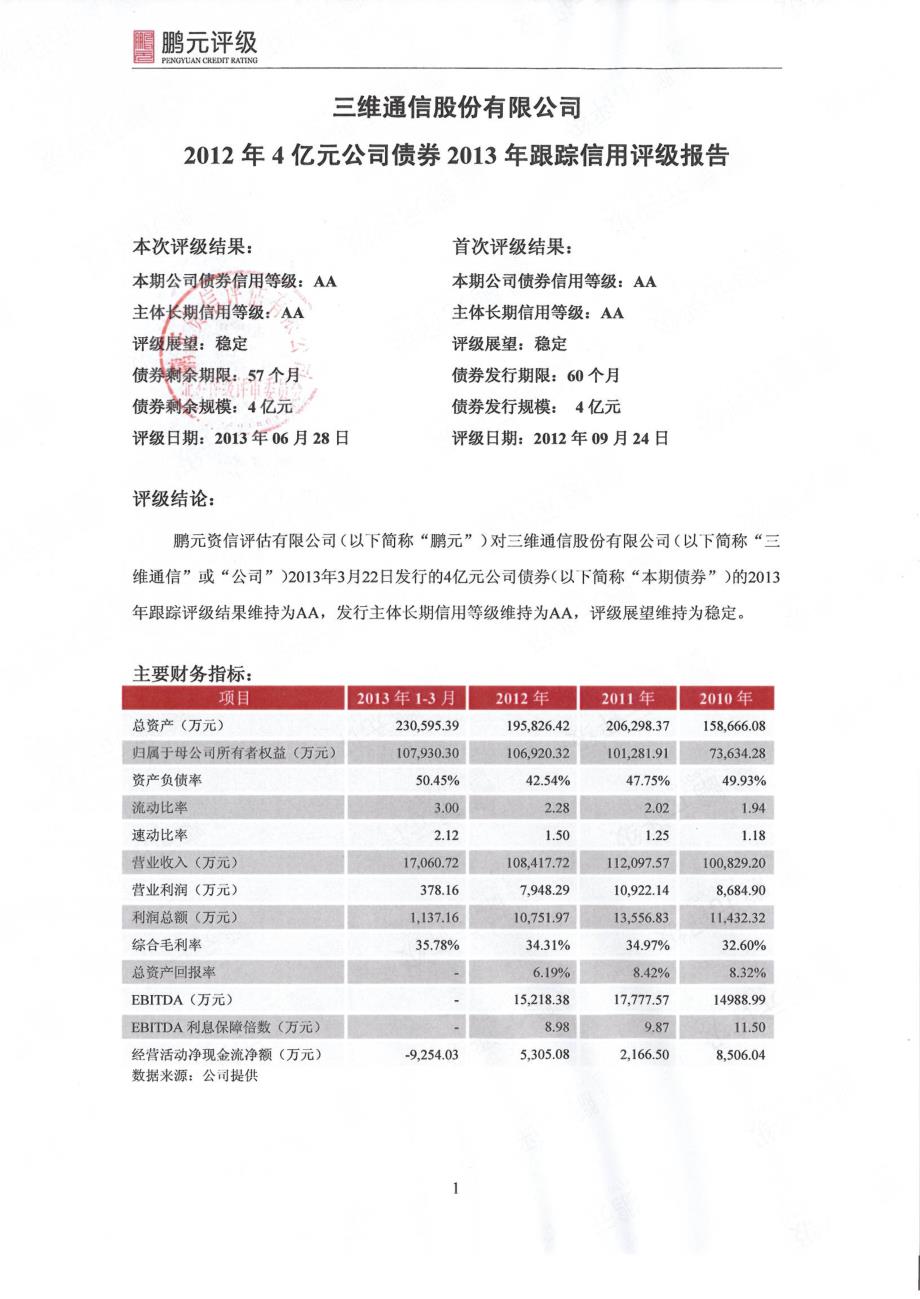 三维通信：2012年4亿元公司债券2013年跟踪信用评级报告_第3页