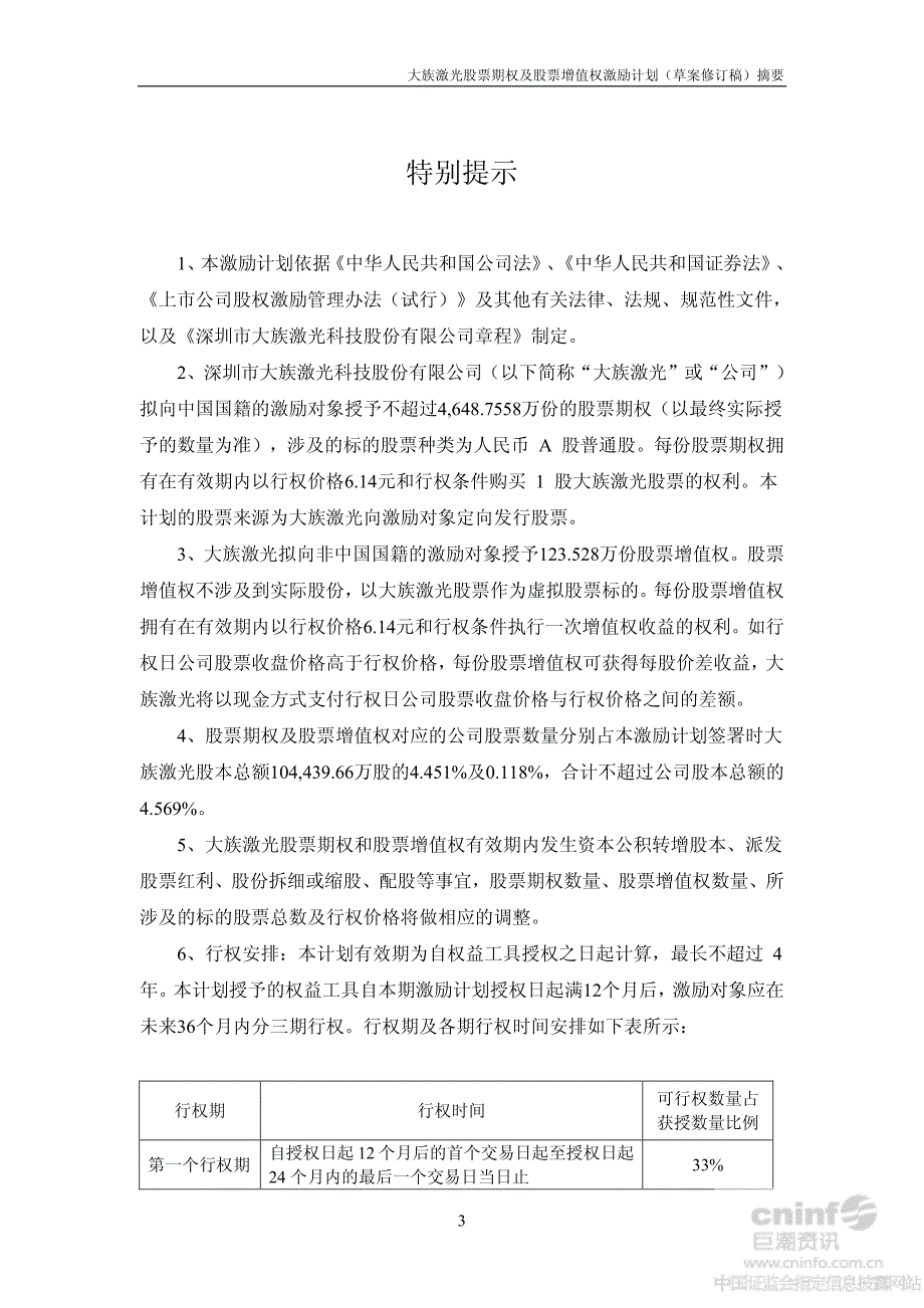 大族激光：股票期权及股票增值权激励计划（草案修订稿）摘要_第3页