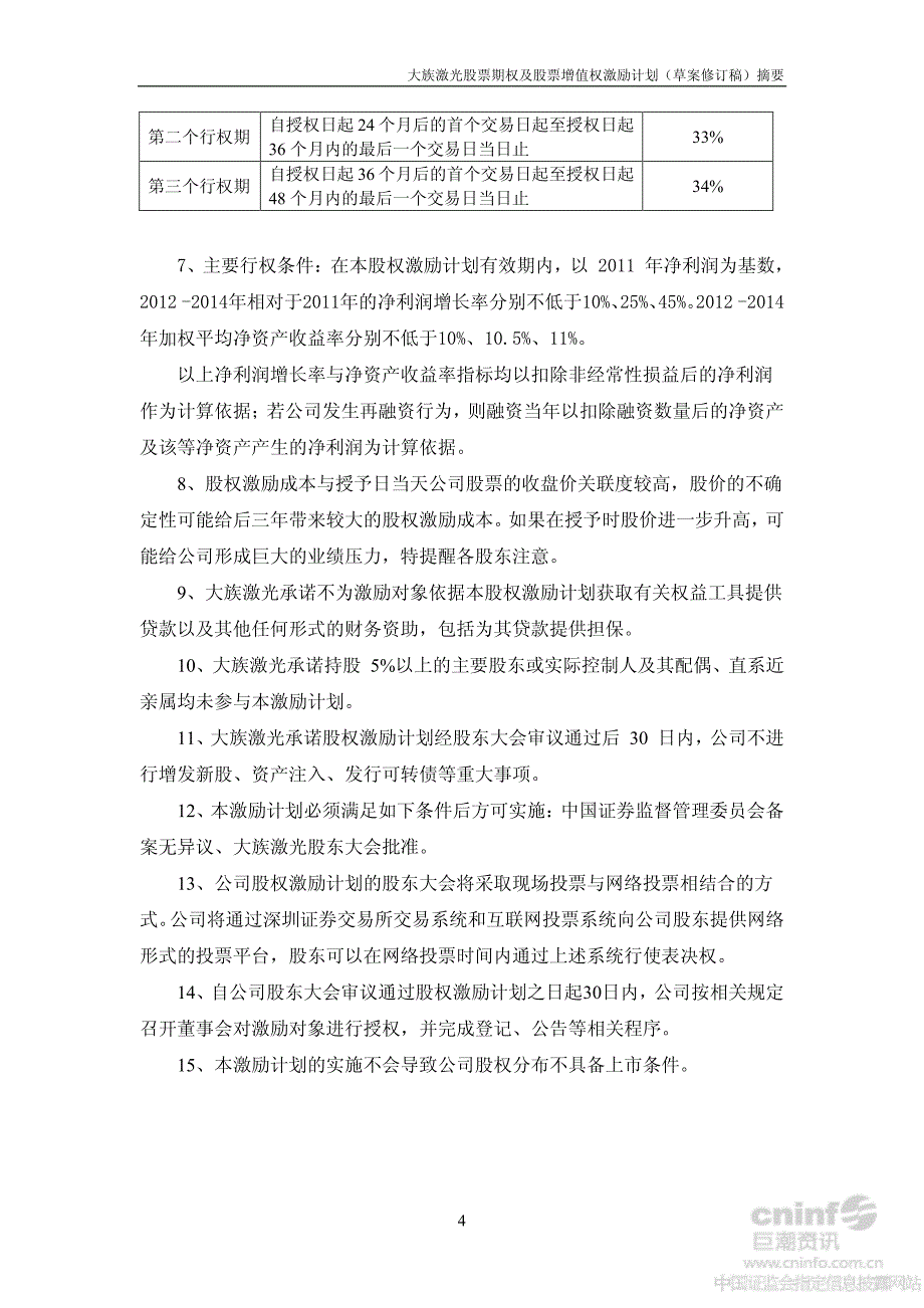 大族激光：股票期权及股票增值权激励计划（草案修订稿）摘要_第4页