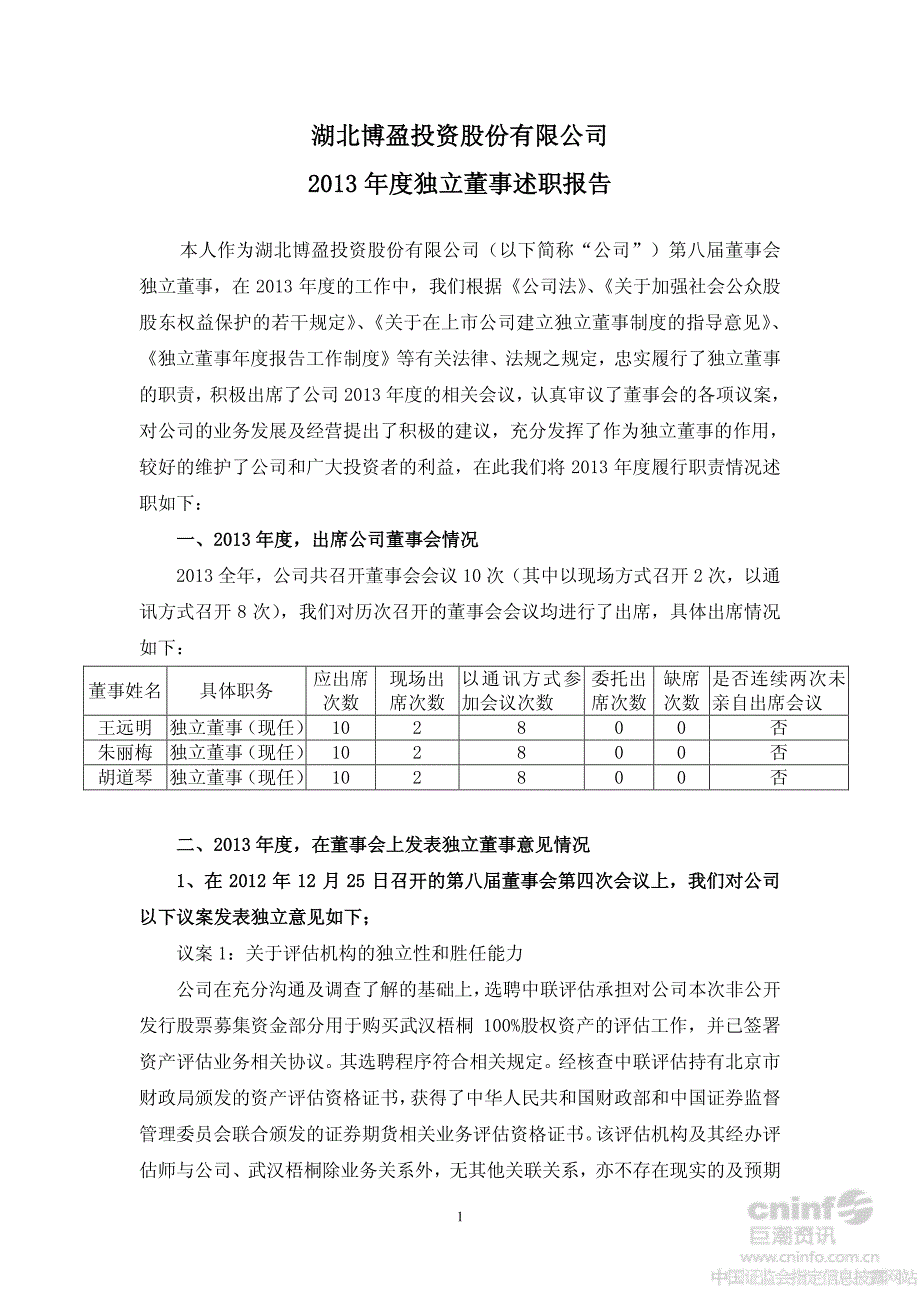 博盈投资：2013年度独立董事述职报告_第1页