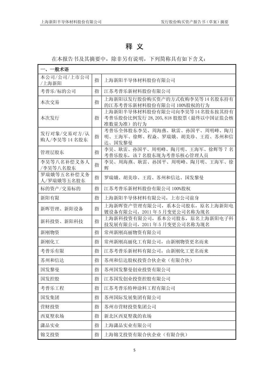 上海新阳：发行股份购买资产报告书（草案）摘要_第5页