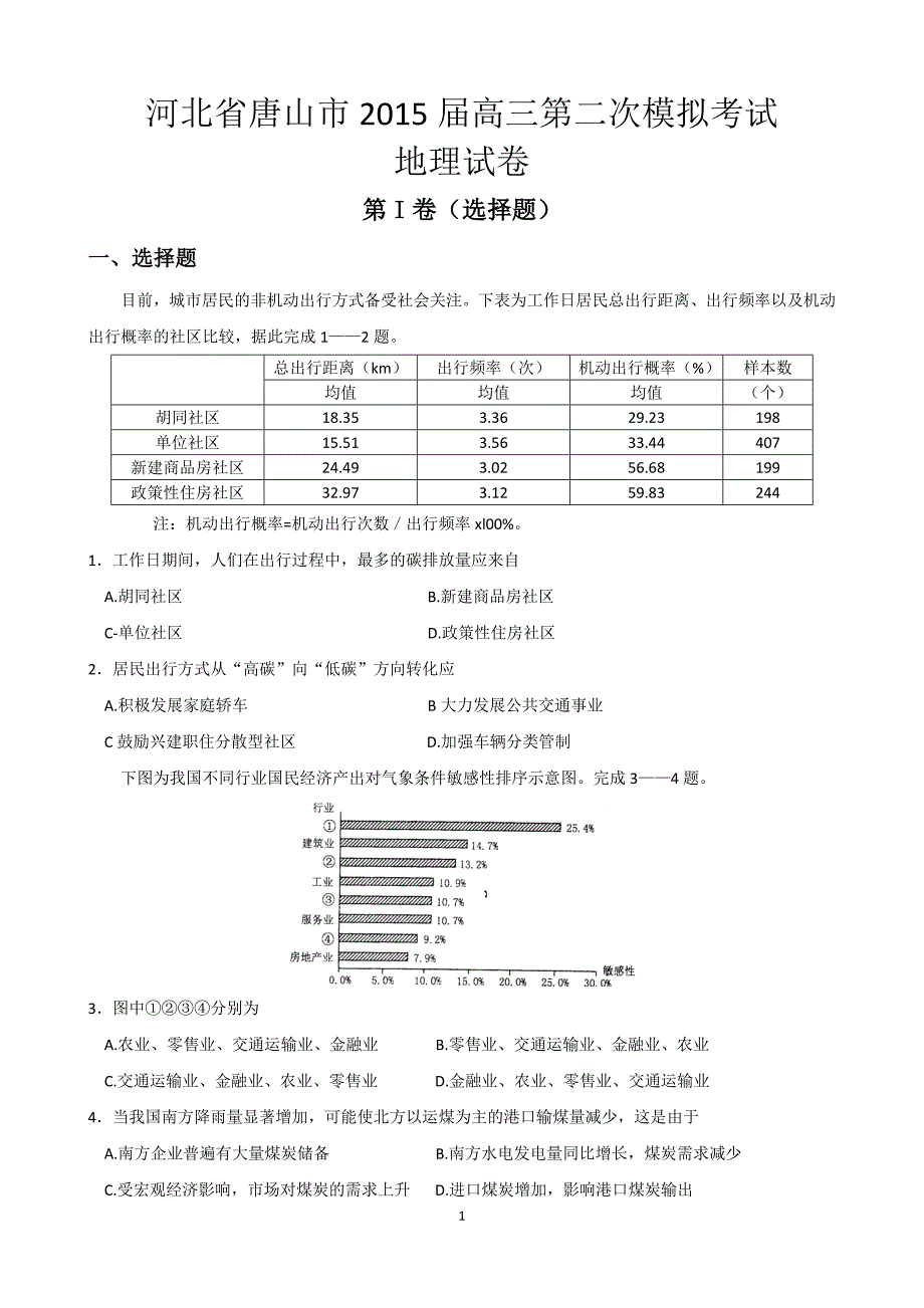 河北省唐山市2015届高三第二次模拟地理试卷_第1页