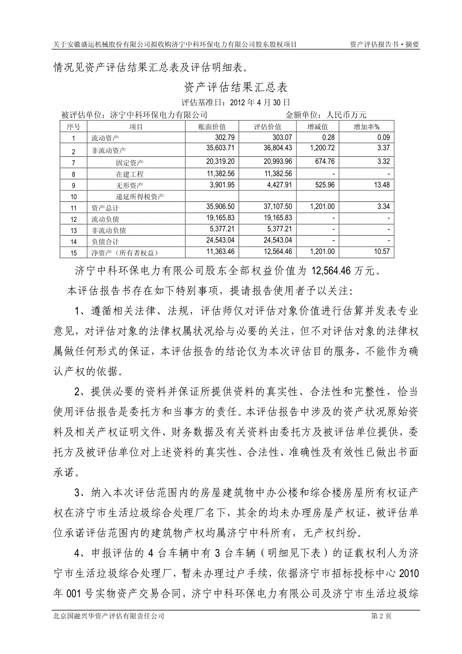 盛运股份：关于公司拟收购济宁中科环保电力有限公司股东股权项目资产评估报告书_第4页