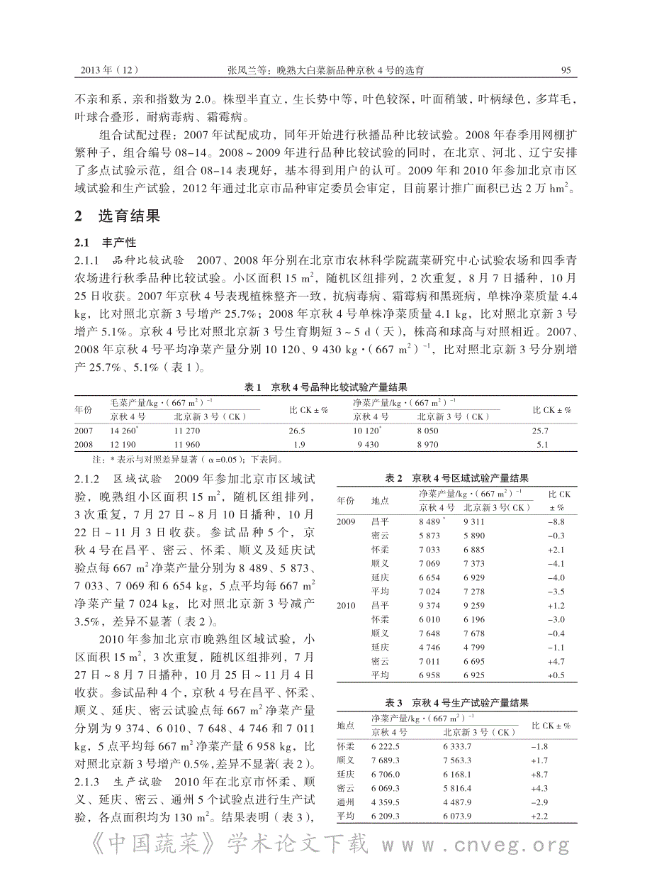 晚熟大白菜新品种京秋4 号的选育_第2页