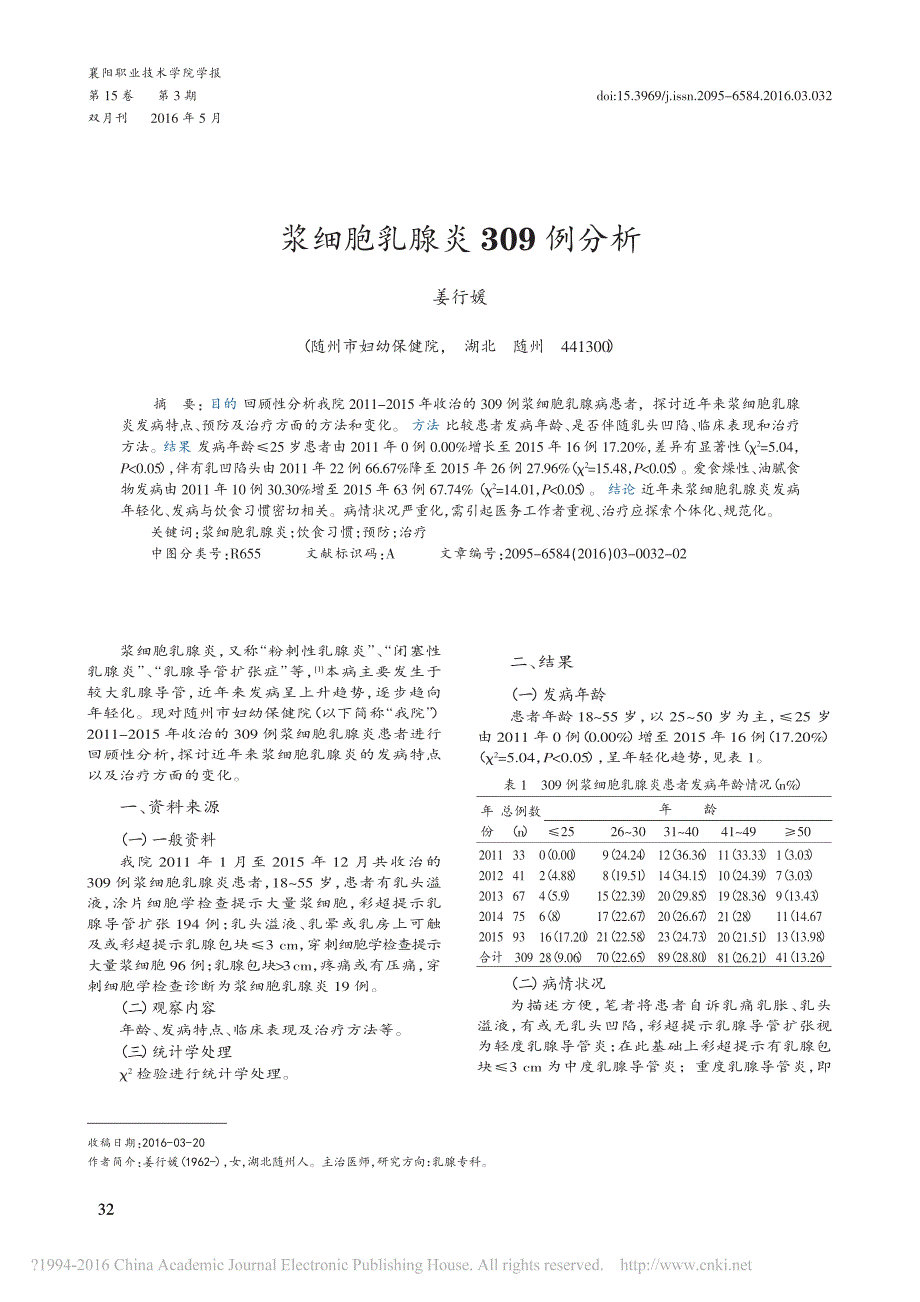 浆细胞乳腺炎309例分析_姜行媛_第1页