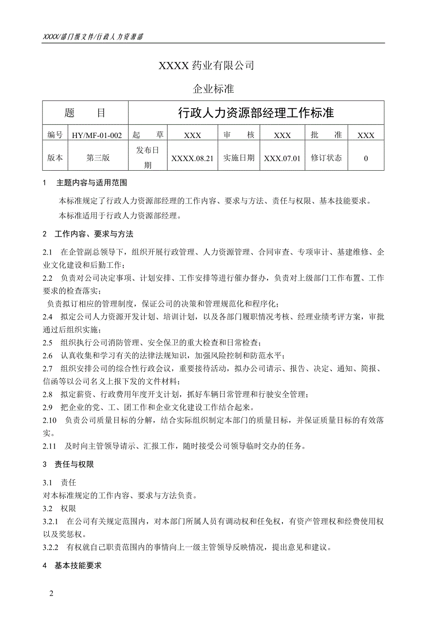 药厂行政人力资源部各岗位工作标准_第2页