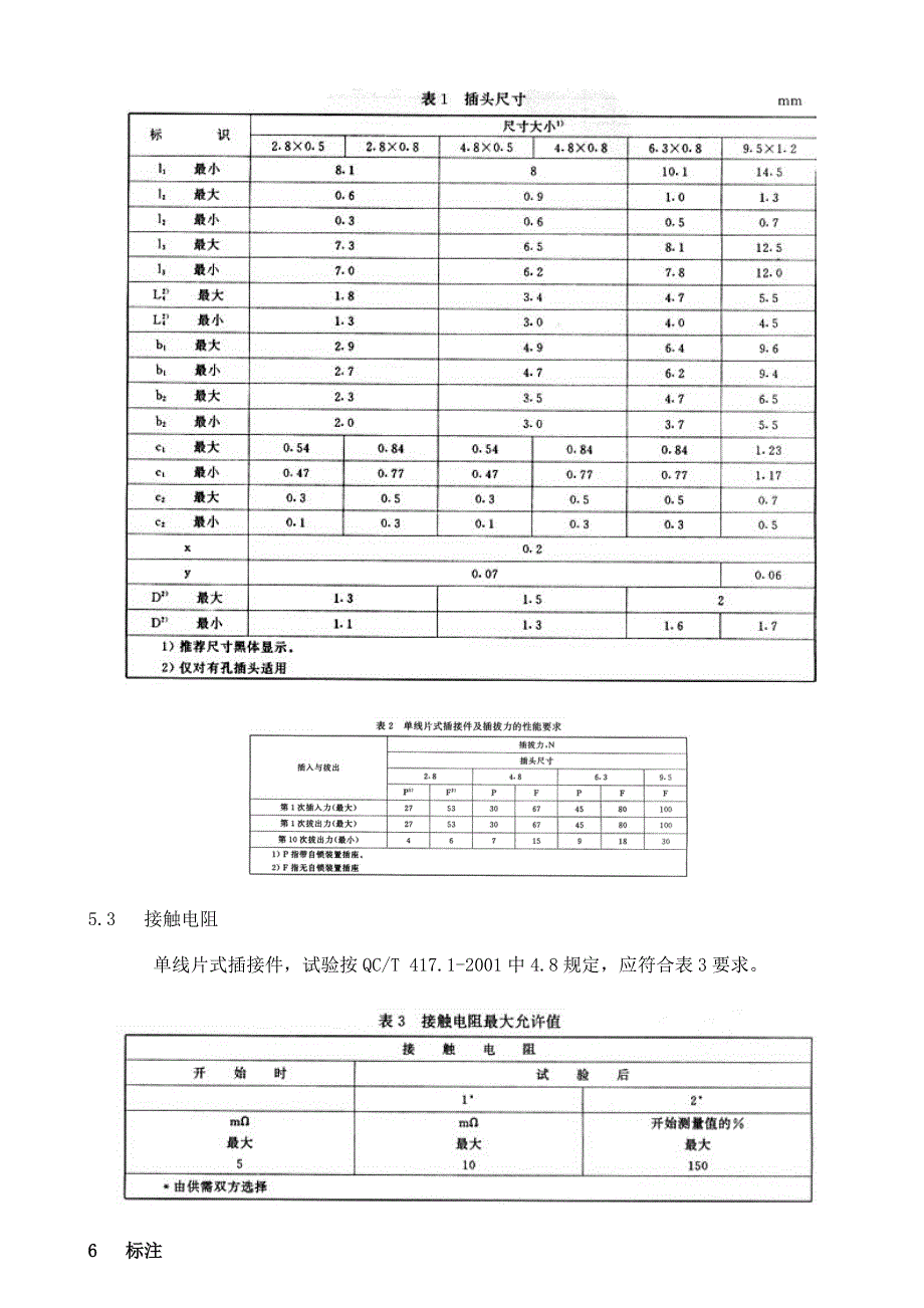 QC T 417.3-2001车用电线束插接器第3部分  单线片式插接件的尺寸和特殊要求_第3页