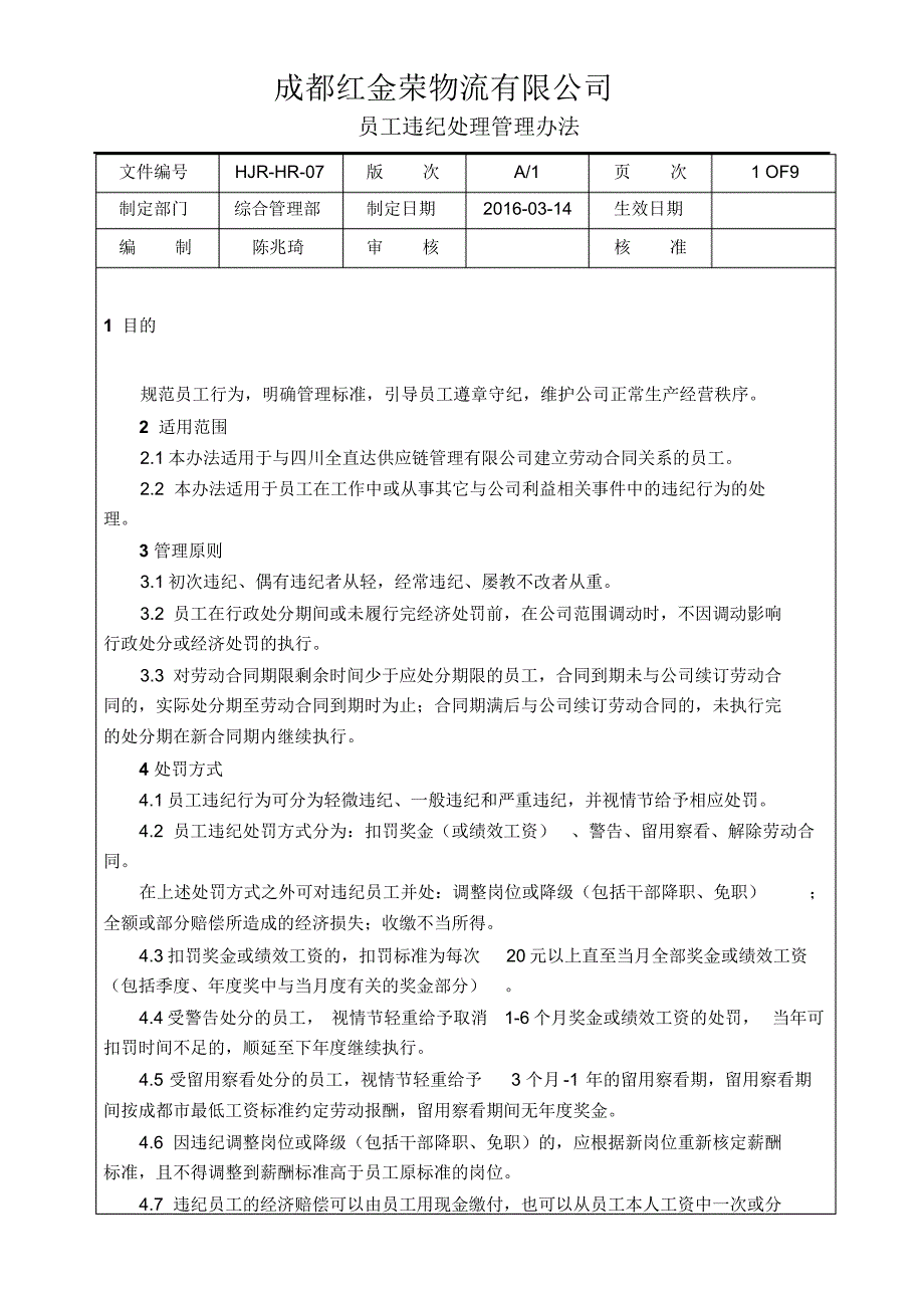 红金荣HR-07-员工违纪处理管理办法_第1页