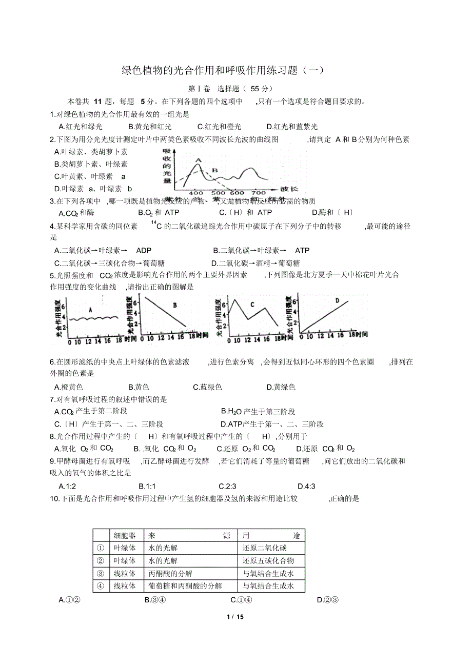 绿色植物的光合作用和呼吸作用练习题(1)(2)(3)_第1页