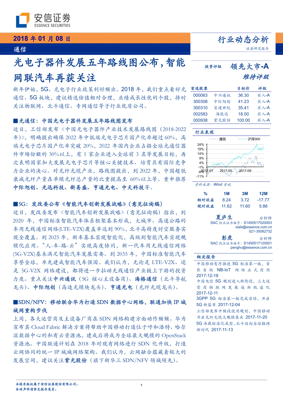 通信行业：光电子器件发展五年路线图公布，智能网联汽车再获关注_第1页