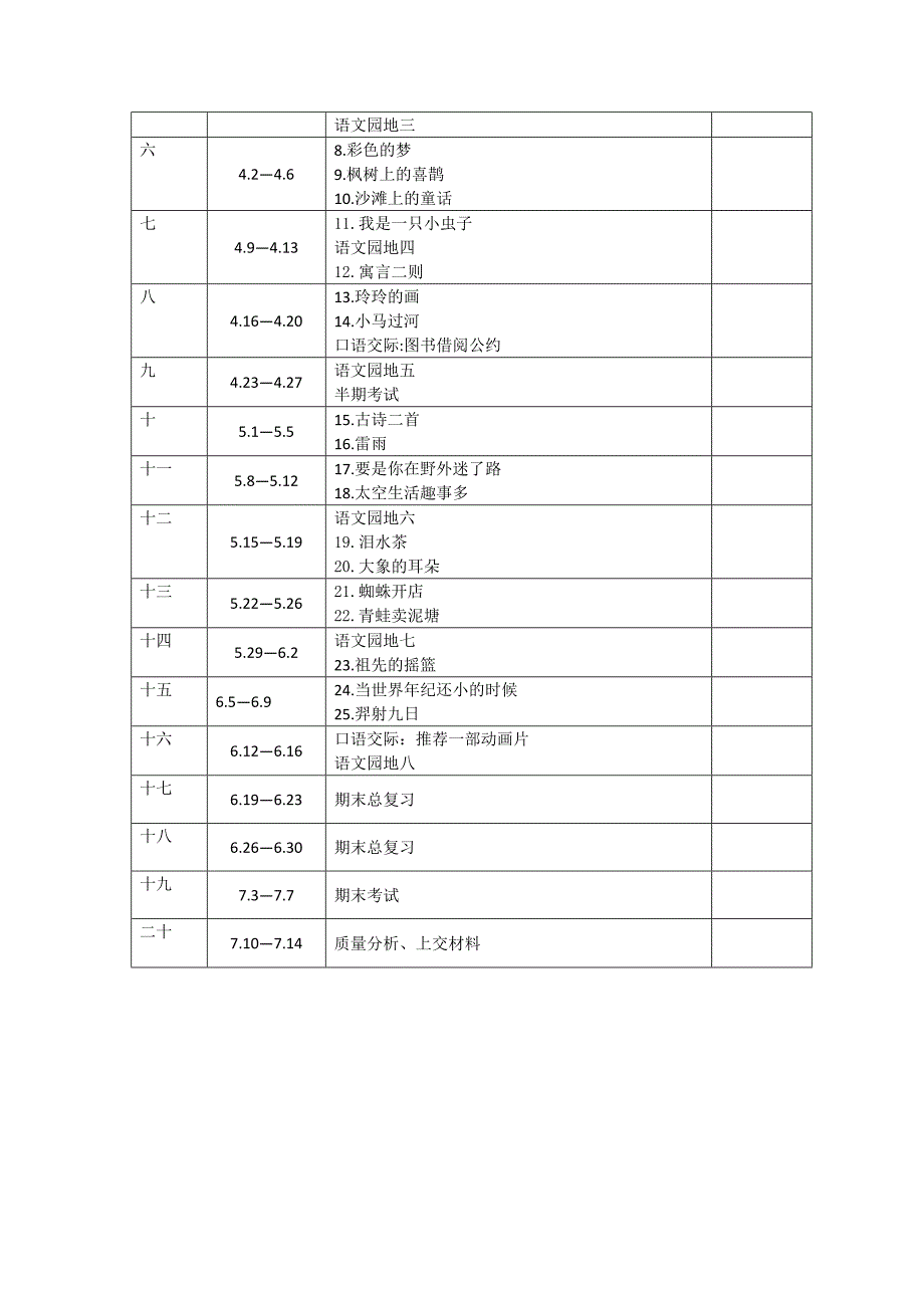 2018新人教部编本二年级下册语文教学工作计划及教学进度表及进度表_第3页