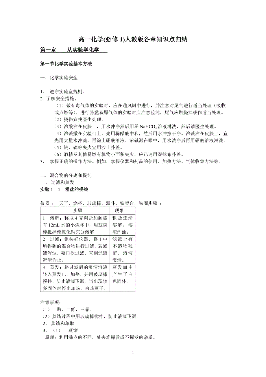 高一化学(必修1)人教版各章知识点归纳_第1页