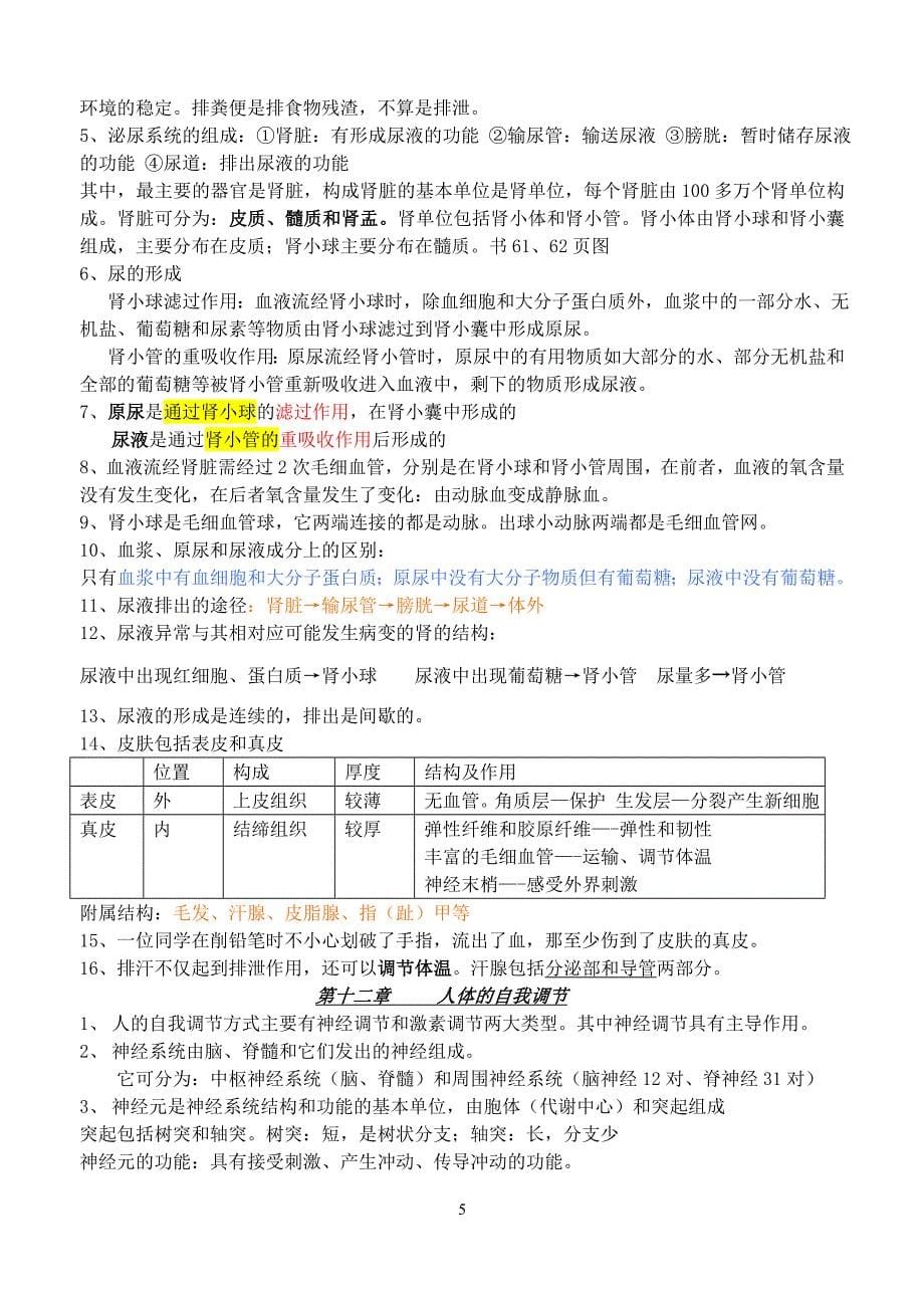 北师大版生物七年级下册复习提纲_第5页