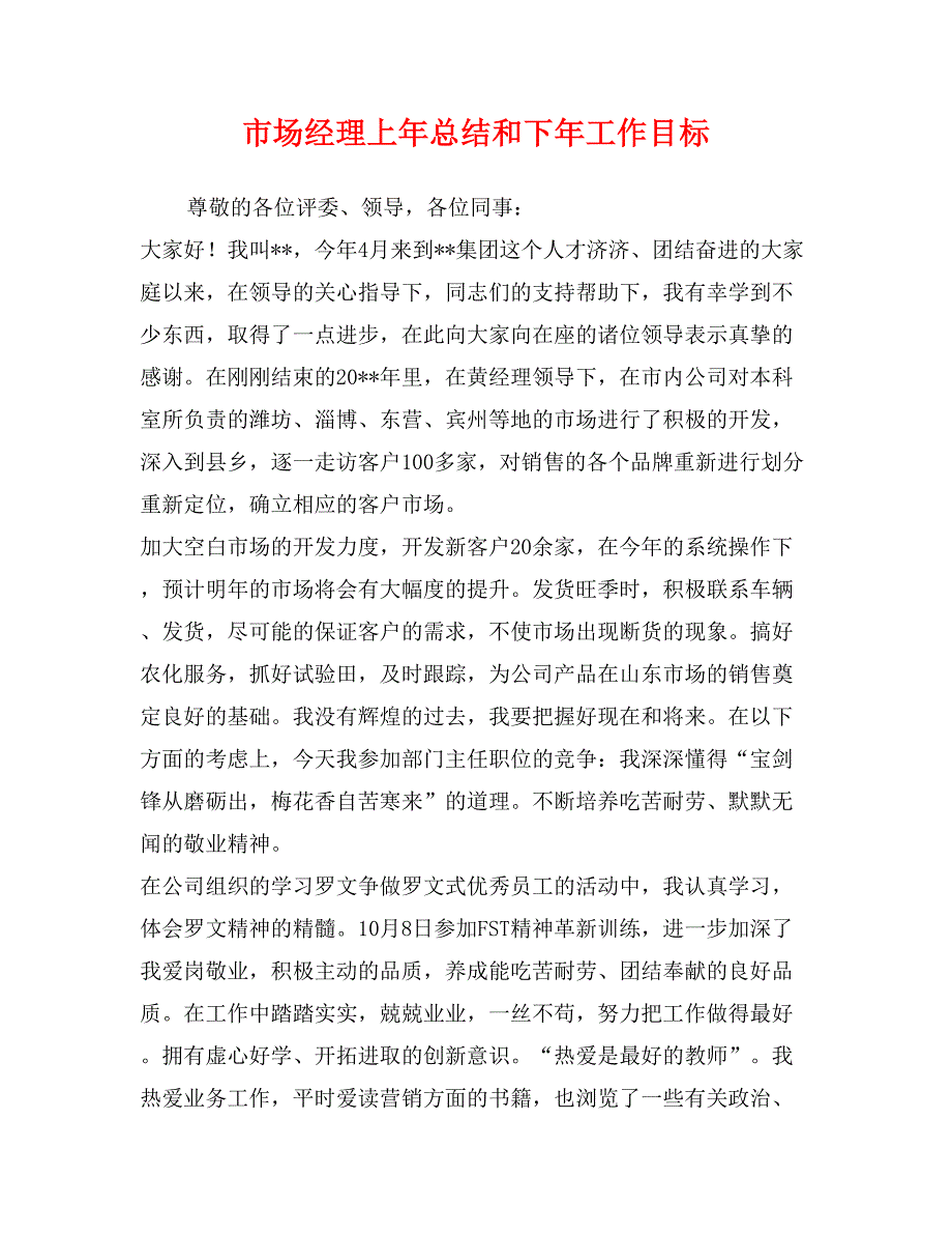 市场经理上年总结和下年工作目标_第1页