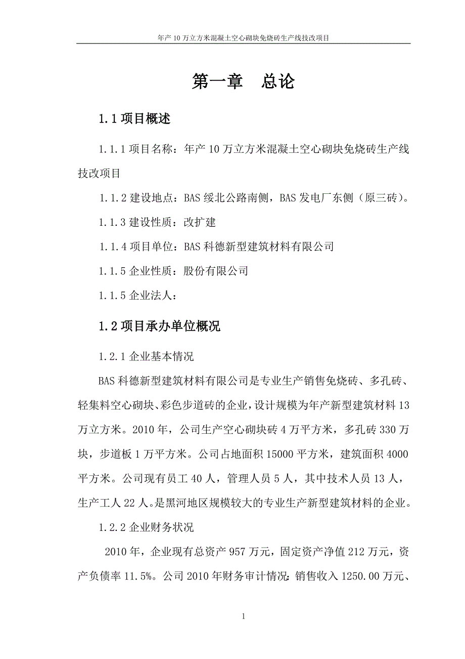 新型建筑材料混凝土空心砌块免烧砖生产线改造项目资金申请报告_第1页