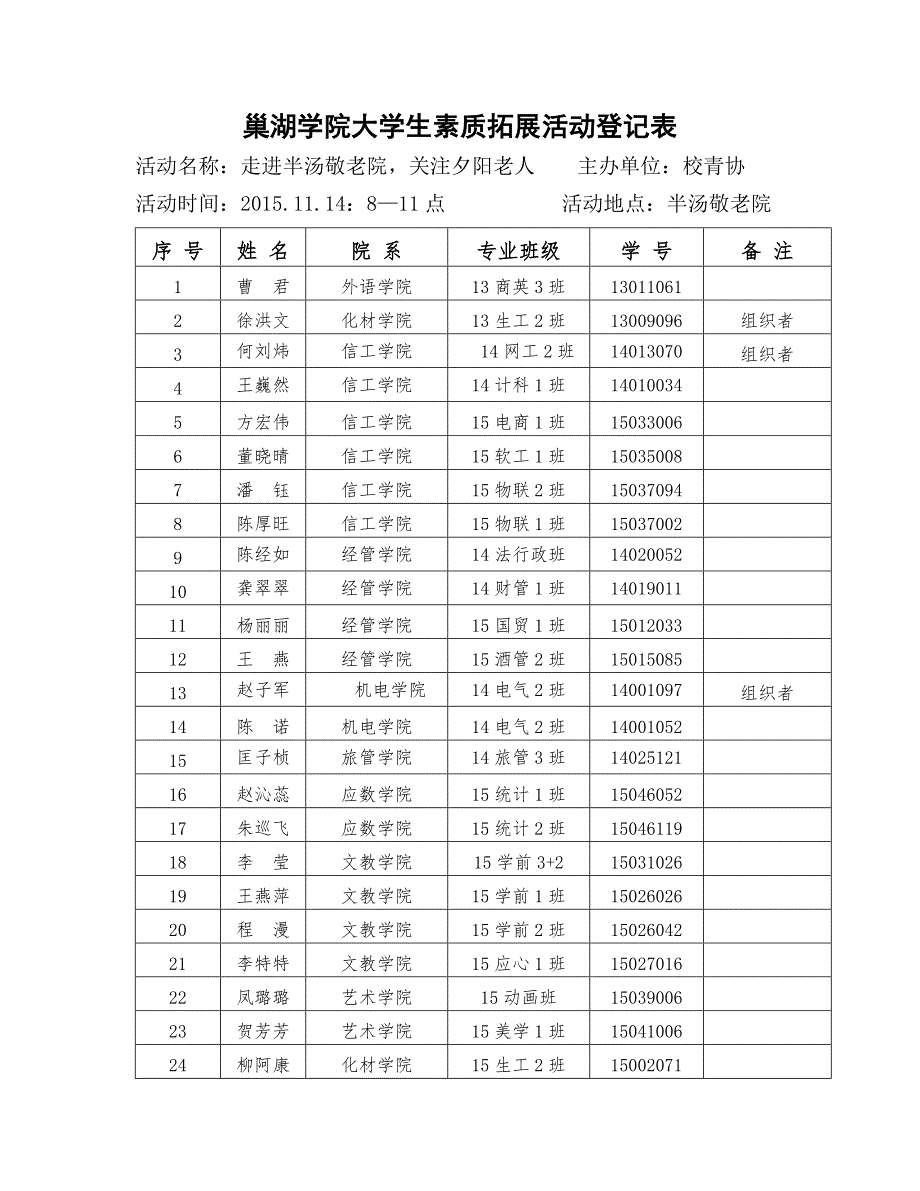 巢湖学院大学生素质拓展活动登记表_第1页