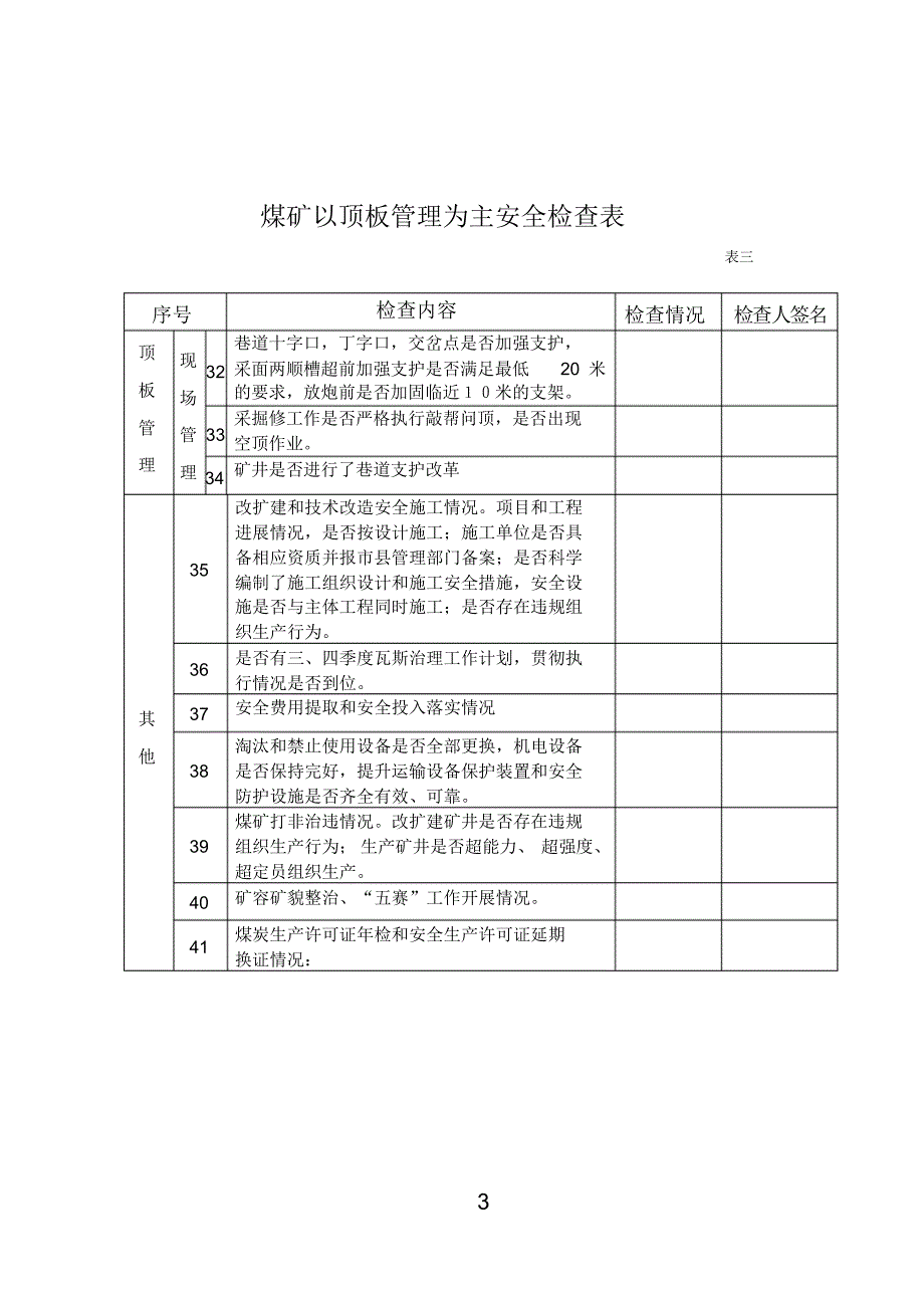 煤矿以顶板管理为主安全检查表_第3页