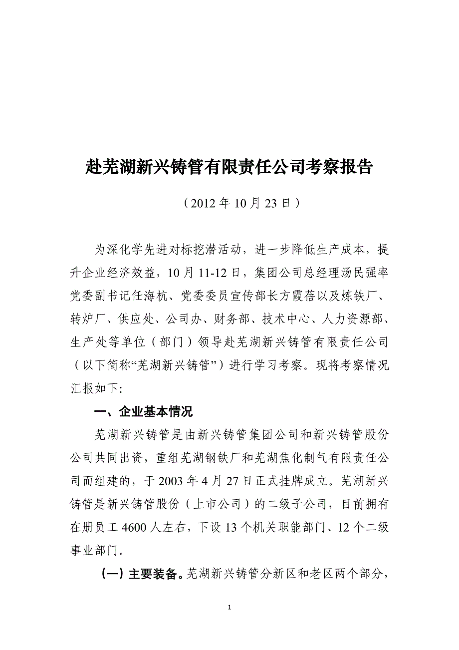 芜湖新兴铸管有限责任公司考察报告_第1页