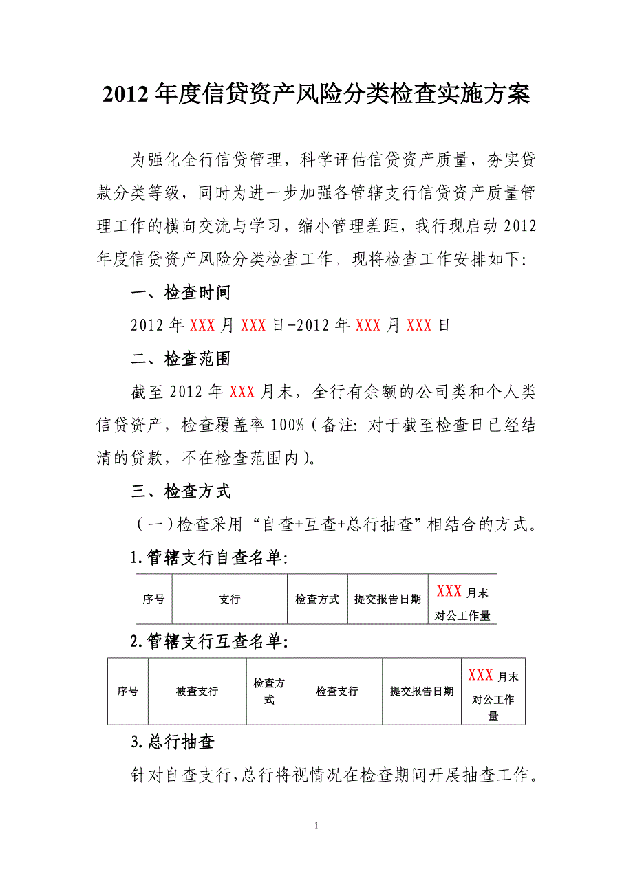 商业银行信贷资产风险分类检查方案_第1页