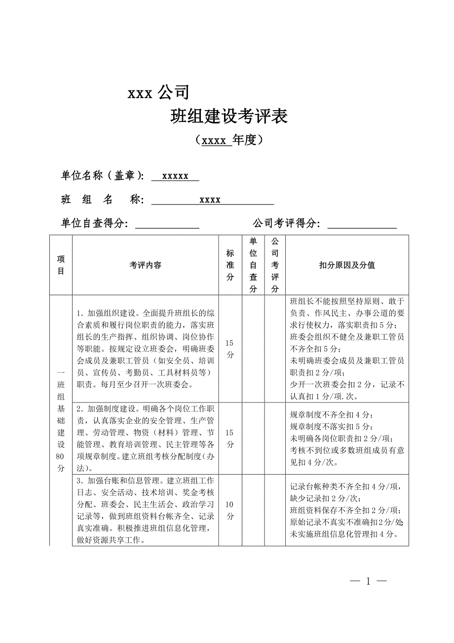 风电场班组建设考评表_第1页