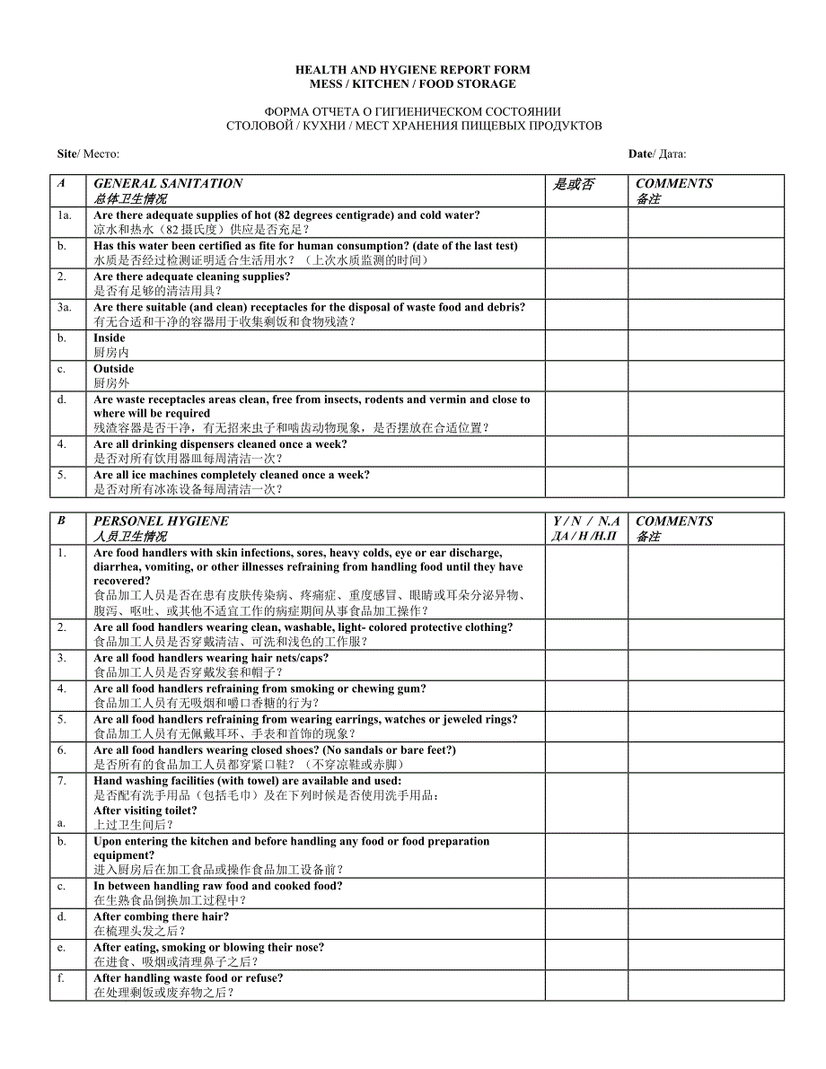 野外生活营区检查表hygiene inspection for kitchens_第1页