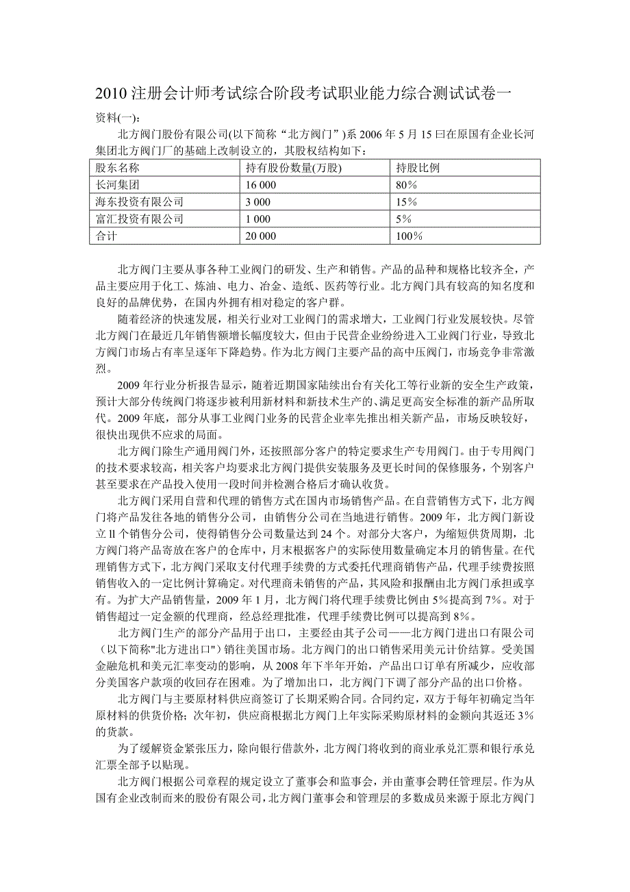 2010注册会计师考试综合阶段考试职业能力综合测试试卷一_第1页