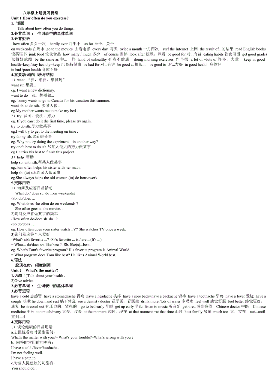 英语八年级上册复习提纲_第1页