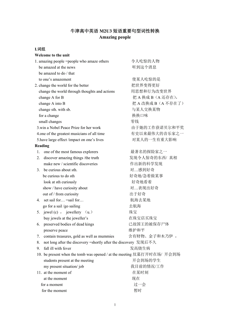 牛津高中英语m2u3短语重要句型词性转换_第1页