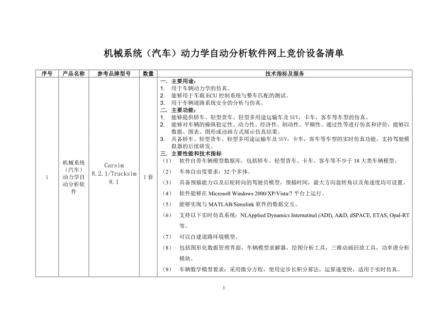 机械系统（汽车）动力学自动分析软件网上竞价设备清单_第1页